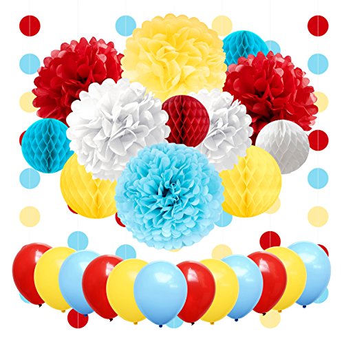 NICROLANDEE Carnival Party Supplies Birthday Balloon Tissue Paper Flowers Pom Poms Honeycomb Ball Circle Dots Hanging Garland Banner for Circus Baby Shower Clown Backdrop Beach Kids Party Decorations