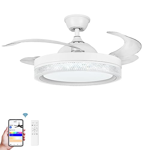 HOREVO Retractable Ceiling Fans with Lights and Bluetooth Speaker 42 Inch Fandelier Invisible Blades Chandelier Fan Color Changing Dimmable Hidden Bluetooth Ceiling Fan with Lights with Remote