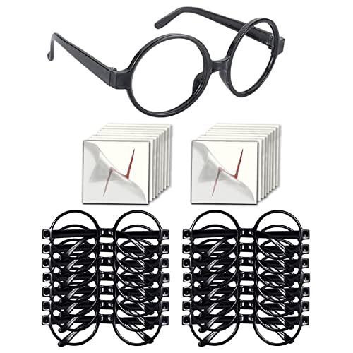 YoHold Wizard Glasses with Round Frame No Lenses and Lightning Bolt Tattoos for Kids Birthday, Halloween, St Patrick's Day, Cosplay Costume Party, 16 Pack of Each, Black