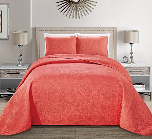 MK Home Mk Collection 3pc Full/Queen Solid Embossed Bedspread Bed Cover Over Size Coral New