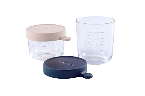 BEABA Glass Baby Food Containers with Silicone, Glass Food Storage Containers w/Airtight Lid, Baby Food Glass Jar, Set of 2, 5 oz and 8 oz, Rose/Midnight