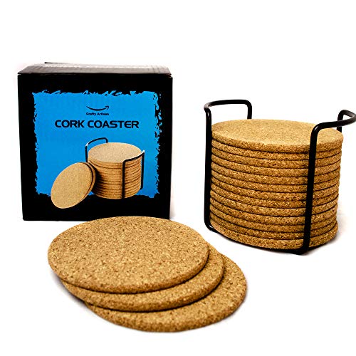 Coastal Cork Natural Cork Coasters for Drinks - 16pc Set with Metal Holder Storage Caddy - Absorbent Round Edge 4ââ‚¬� Absorbent Cups & Mugs Eco-Friendly Heat-Resistant Reusable Saucers for Cold Drinks Wine Glass
