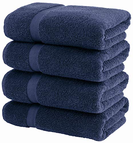 White Classic Luxury Bath Towels Large - Circlet Egyptian Cotton | Highly Absorbent Hotel spa Collection Bathroom Towel | 27x54 Inch | Set of 4 | Navy Blue