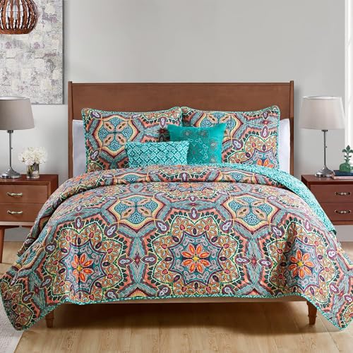 VCNY Home 5 Piece Damask Print Reversible Quilt Set, Aqua, King