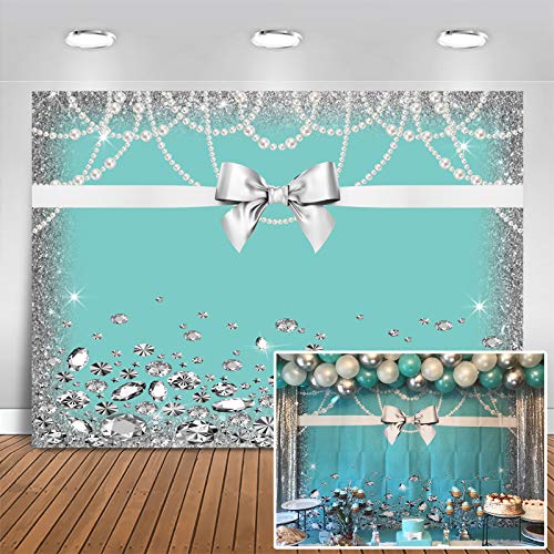 Mocsicka Breakfast Blue Bow-Knot Birthday Backdrop Sweet 16 Turquoise Bow Photography Background 7x5ft Vinyl Bridal Shower Wedding Party Banner Supplies Backdrops