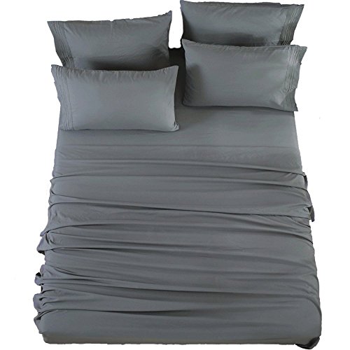 SONORO KATE Bed Sheet Set Super Soft Microfiber 1800 Thread Count Luxury Egyptian Sheets 18-Inch Deep Pocket，Wrinkle and Hypoallergenic-6 Piece (Dark Grey, King-6 Piece)