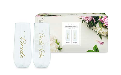 10 10oz Bride & Bride Tribe Stemless Plastic Champagne Glasses | Includes 9 Bride Tribe Cups & 1 Bride Cup | Great for Bachelorette Parties, Weddings & Bridal Showers | Wedding & Bridesmaids Gifts