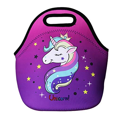Cute Unicorn Lunch Bag for Kids, Waterproof Insulated Neoprene Lunch Tote with Zipper for School Work Outdoor (Purple)