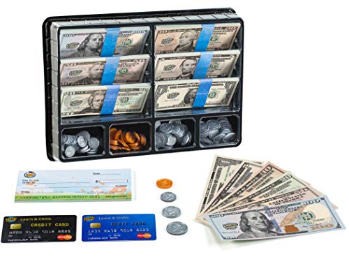 Learn & Climb Play Money Set for Kids ââ‚¬â€œ Realistic Dollar Bills, Coins, Credit & Debit Cards & Checkbook. Add-on for Pretend Play Cash Register