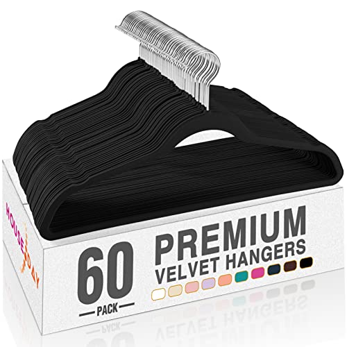 HOUSE DAY Black Velvet Hangers 60 Pack, Felt Hangers Space Saving Clothes Hanger, Non Slip Hangers Coat Hanger with 360 Degree Rotatable Hook, Durable & Thin Hangers for Closet