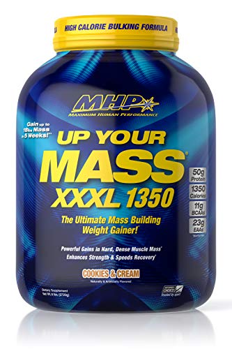 Maximum Human Performance MHP UYM XXXL 1350 Mass Building Weight Gainer, Muscle Mass Gains, w/50g Protein, High Calories, 11g BCAAs, Leucine, Cookies & Cream, 8 Servings, 6lb