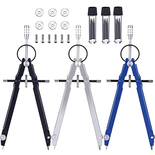3 Pieces Math Compass Metal Geometry Compass for Math, Drafting, Drawing Student Compass with Spare Refills and Screws (Black/Silver/Blue)