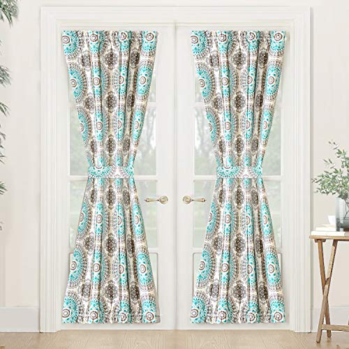 DriftAway Bella Door Curtain, Thermal Room Darkening Privacy French Door Panel Patio Sliding Window, Single Rod Pocket Curtain with Matching Tieback, 52" Wide 72" Long +1.5" Header(Aqua/Gray)