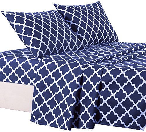 Lux Decor Collection Bed Sheet Set - Brushed Microfiber 1800 Bedding - Wrinkle, Stain and Fade Resistant - Hypoallergenic - 4 Piece (Queen, Quatrefoil Navy Blue)