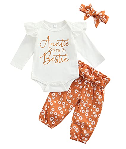 MAINESAKA Newborn Baby Girls 3pcs Outfit Set Auntie's Bestie Romper + Floral Pants Clothing Set
