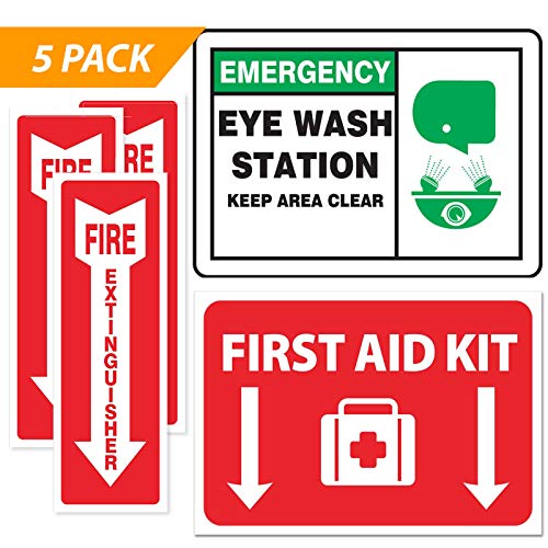 Emergency Safety Sticker Sign [Full Set] ââ‚¬â€œ Fire Extinguisher Arrow ââ‚¬â€œ Eye Wash Station ââ‚¬â€œ First Aid ââ‚¬â€œ OSHA Requirement (5-Pack)