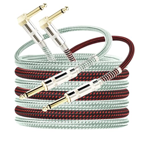 OTraki 10ft Guitar Cable 2 Pack Electric Guitar Chord Instrument Cable Quarter Inch L Shaped Guitar Cable Straight to Right Angle Gold Plated Plug for Bass Amp Keyboard Red & Green
