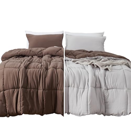 KASENTEX Reversible No-Shrink King Size Comforter Set with 2 Shams - Down Alternative Duvet Insert with Corner Ties, Lightweight, Ultra Soft, Machine Washable, All-Season（Silver/Chocolate Brown）