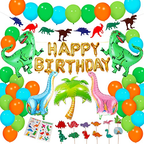 Dinosaur Party Supplies - 90 pcs for Birthday Decorations Dino Party Decorations for kids dinosaur party favors Dinosaur party balloons Dinosaur Cake Topper jungle Latex Balloons with Pump tattoo