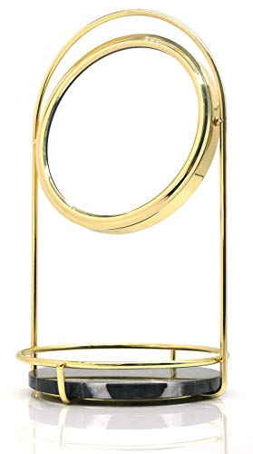 PuTwo Makeup Mirror Double Sided 1x & 3X Magnifying Mirror Round 360° Rotation Cosmetic Mirror with Black Marble Tray Beauty Mirror Vintage Vanity Mirror for Dresser Vanity Table Desk - Gold & Black