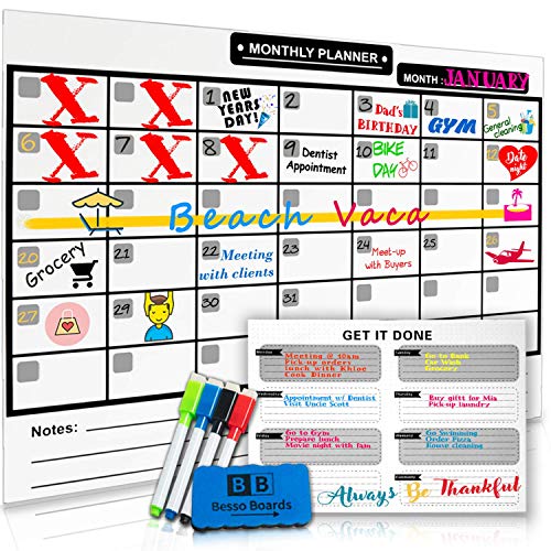 Magnetic Dry Erase Calendar for Refrigerator [17x12]& Weekly Magnetic Calendar | Monthly Whiteboard Wall Calendar and Fridge Board Planner | Dry Erase Markers & Eraser | 2019 Home or Office