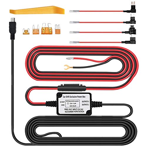 VMVM Dash Cam Hardwire Kit Mini USB 12ft 12V-24V to 5V Low Voltage Protection Mini/ACS/ATO Add a Circuit Fuse Holders Compatible Dash Cam GPS Radar Detector All Other Mini USB Device