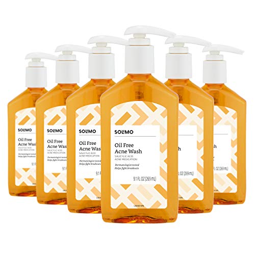Amazon Brand - Solimo Oil Free Acne Wash, 2% Salicylic Acid Acne Medication, Dermatologist Tested, 9.1 Fluid Ounce (Pack of 6)