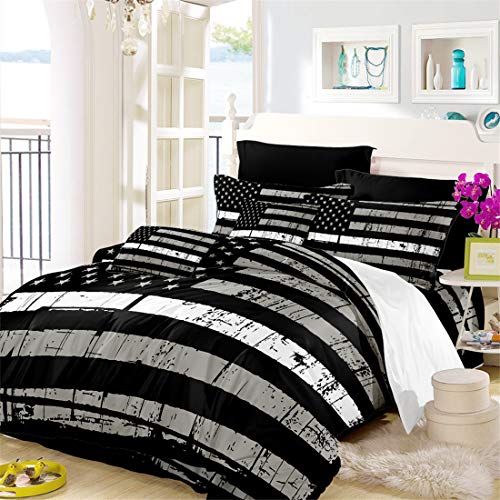 Oliven American Flag Quilt Cover Queen Size Valor Patriot Theme Digital Duvet Cover 3 Piece Bedding Set,Black White Gray