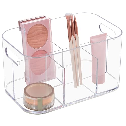 STORi Bliss 5-Compartment Plastic Cosmetic Organizer | Clear | Rectangular Divided Makeup Bin & Vanity Storage Caddy with Pass-Through Handles | Round Corner Design | Made in USA