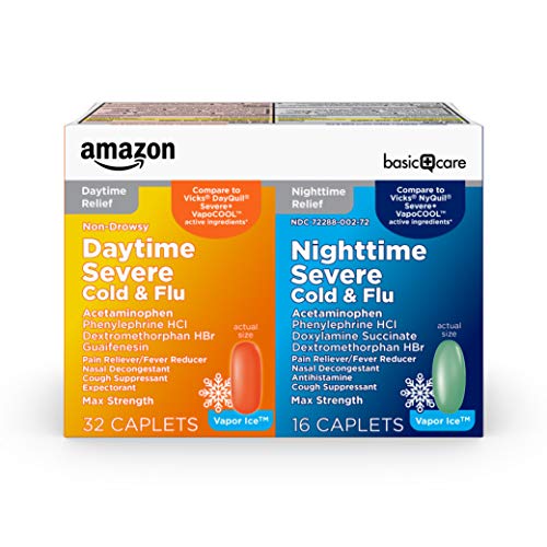 Amazon Basic Care Vapor Ice Day and Night Severe Cold and Flu Relief Caplets, Maximum Strength Medicine, Combo Pack, 48 Count