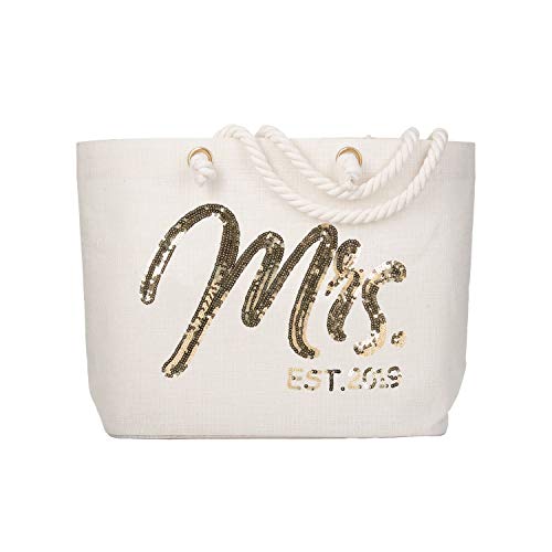 ELEGANTPARK Future Mrs. EST. 2019 Personalized Bride Tote Wedding Bachelorette Bridal Shower Gifts Large Shoulder Bag Gold Sequin with Interior Pocket Jute