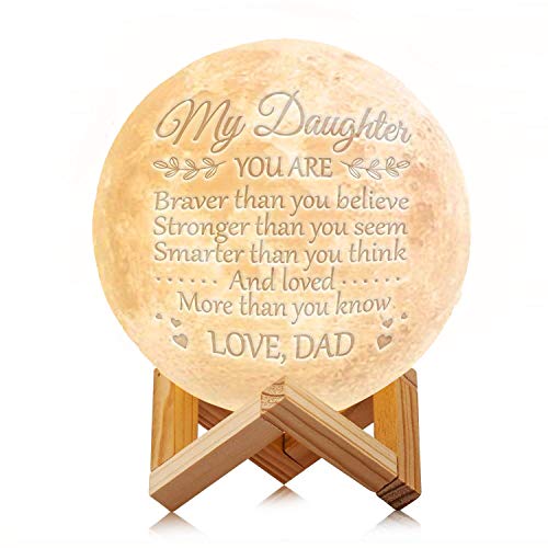 Engraved Moon Lamp Night Light - Brave & Smart Moon Light with Touch Control Brightness - from Mom/Dad to Daughter (B - from Dad)