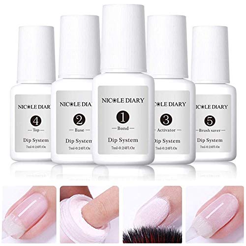 7ml Dipping Nail Powder System Liquid Clear Full System Set of Liquids with Bond,Base,Activator,Top,And Brush Saver Nail Art Manicure Gel Polish No UV Lamp Needed