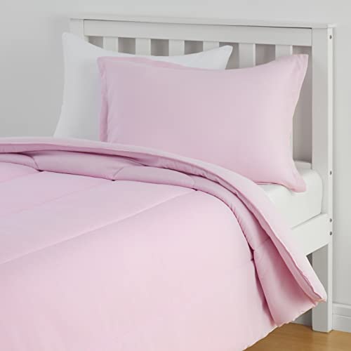 Amazon Basics Kid's 2 Piece Comforter and Pillow Sham Set, Soft, Easy Wash Microfiber, Twin, Light Pink, Solid