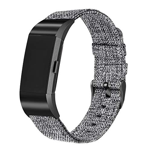 bayite Canvas Bands Compatible with Fitbit Charge 2, Soft Classic Wristband Straps Women Men, Charcoal with Black Connector Large (6.7-8.1 Inch)