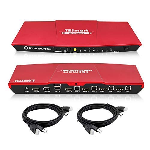 TESmart 4 Port HDMI KVM Switch, Support 4K@30Hz RGB 4:4:4, USB 2.0 Hub, EDID, Hotkey, Button Switching, IR Remote Control, PC Keyboard Mouse Switcher Box for 4 Computers/Servers/DVR with 5ft Cables