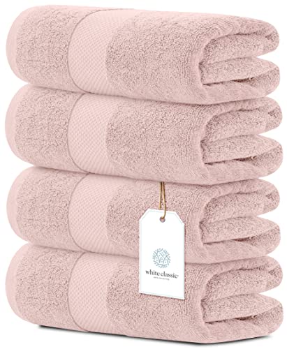 White Classic Luxury Bath Towels Large | 700 GSM Cotton Absorbent Hotel Bathroom Towel | 27x54 Inch | 4 Pack | Pink
