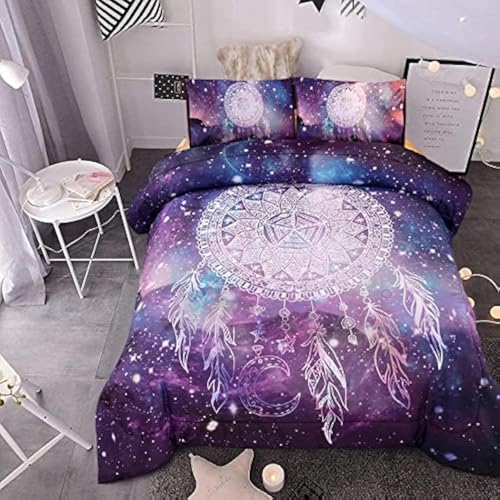 Meeting Story 3Pcs Galaxy Dream Catcher Mandala Bohemian Quilt Bedding Comforter Set (Galaxy-Purple, Queen)