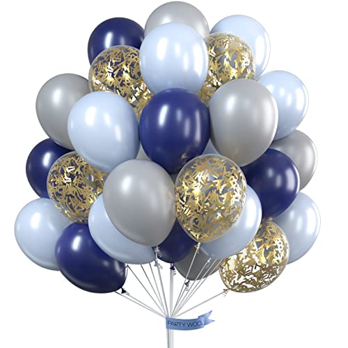 PartyWoo Navy Blue and Gold Balloons, 50 pcs 12 inch Navy Blue and Gold Confetti Balloons, Gray and Baby Blue Balloons, Gray and Navy Blue Balloons, Blue Gold Balloons for Navy Blue Party Decorations
