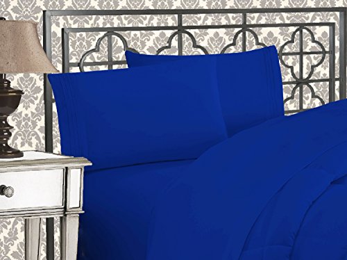 Elegant Comfort Luxurious Premium Hotel Quality Microfiber Three Line Embroidered Softest 4-Piece Bed Sheet Set, Wrinkle and Fade Resistant, Queen, Royal Blue