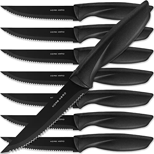 Couteaux à Steak de Cuisine Couteaux de Table - Lot de 8 en Acier Inoxydable avec Lame Dentelée 21 cm Noir - Couteau Viande Couverts de Table - Steak Knives Set