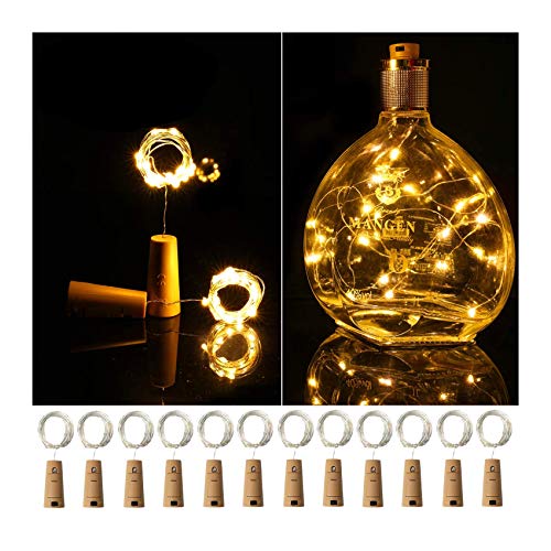 Ehome Wine Bottle Lights with Cork 12 Pack Starry Fairy Lights Battery Operated 7.2ft 20LED Cork Shape Silver Copper Wire String Lights for Party Christmas Decoration Halloween Wedding - Warm White