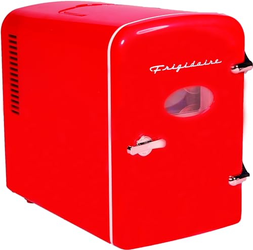 Frigidaire Red Mini Personal Fridge Cooler, 1 Gal Capacity fits Six Cans, Includes Plugs for Home Outlet & DC Charger - 9.9" D x 7.1" W x 10.6" H