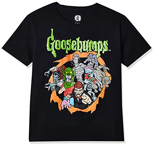 Mad Engine Boys' Big Goosebumps Logo and Characters Glow-in-The-Dark Kids T-Shirt, Black, Medium