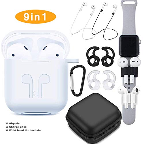 SANSUNTEK Airpods Case Airpods Accessories Set9 in 1 Protective Silicone Cover and Skin Compatible Apple Airpods with Anti-Lost Airpods StrapAirpods Ear Hook/Watch Band Holder/Keychain/Carrying Box (White)