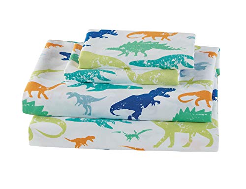 Luxury Home Collection Kids 3 Piece Twin Sheet Set Dinosaur White Blue Green Orange #DinoGreen (Twin Sheet)
