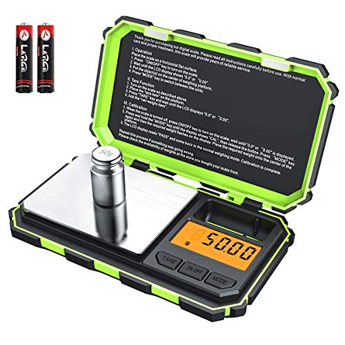 AMIR New Digital Mini Scale, 200g /0.01g Pocket Scale, 50g Calibration Weight, Electronic Smart Scale, LCD Backlit Display, 6 Units, Auto Off, Tare, Stainless Steel, Green