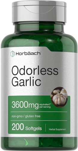 Horbäach Odorless Garlic Softgels 3600 mg | 200 Count | Ultra Potent Garlic Extract | Non-GMO & Gluten Free Supplement