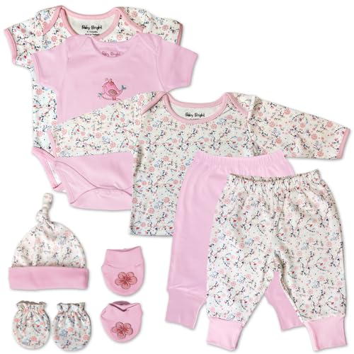 Baby Bright Newborn Clothes for Girl 0 to 3 Months 8 pcs Set Made from 180GSM BioSilky 100% Combed Cotton with Embroidery Includes Bib Mittens Booties Pajama Set Cap and 2 Bodysuits