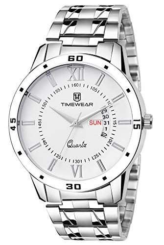 TIMEWEAR Formal Day Date Stainless Steel Watch Collection For Men Analogue Men's Watch(White Dial & Silver Colored Strap)-221Wdtg